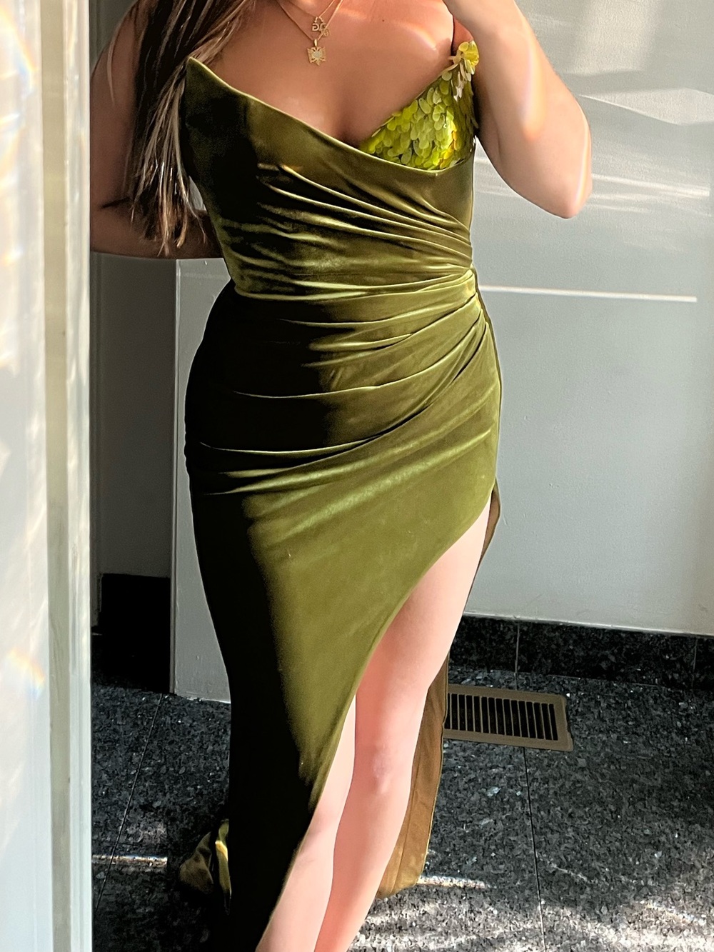 Lia Stubla Olive Green Velvet Asymmetrical Corset Slip Dress